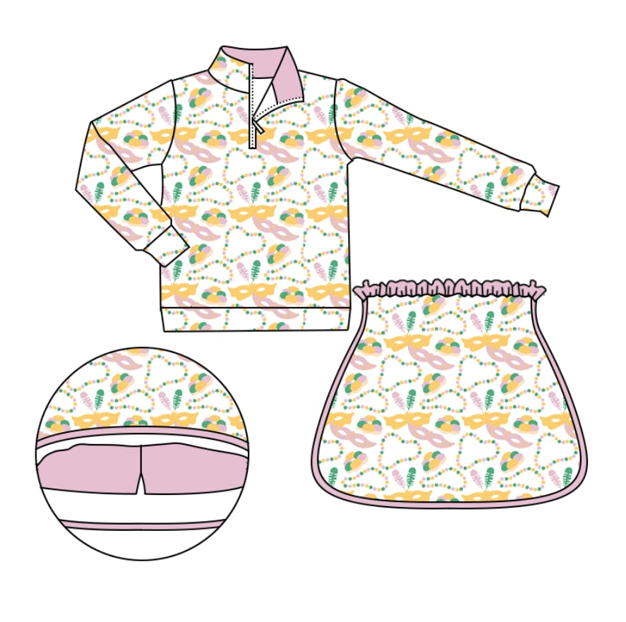 Custom moq 5 each style eta 6-7weeks baby girl clothes mardi gras long sleeve skirts set 2 -25.9.8