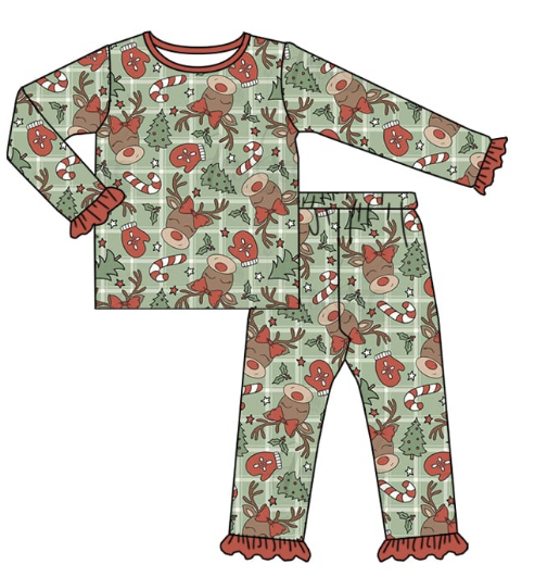 Deadline August 19 custom no moq eta 6-7weeks bamboo Christmas Tree Gloves Long Sleeve Pants Set Pajamas