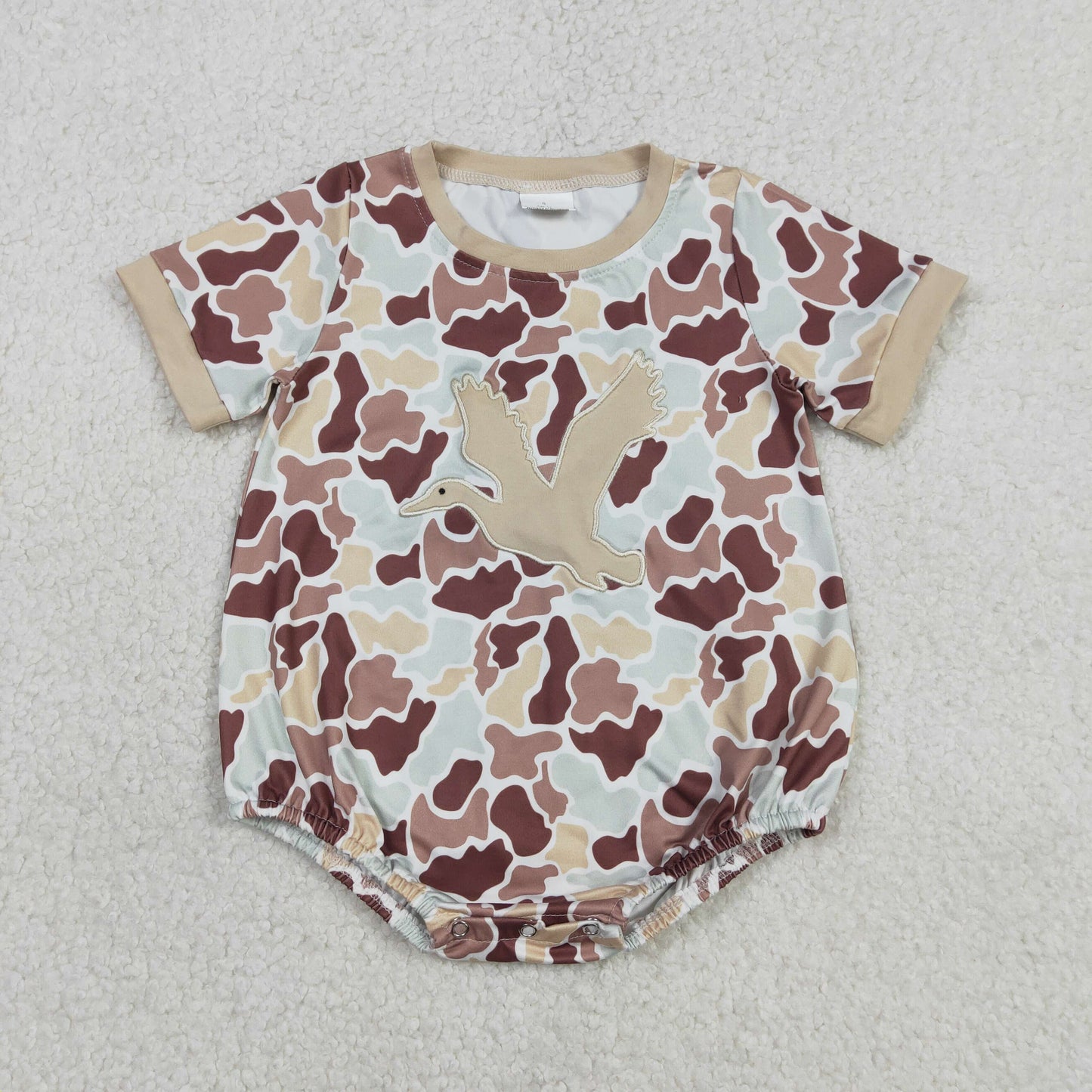 RTS NO MOQ(In Stock ) SR3572 Embroidered Duck Light Brown Green Camouflage Short-Sleeve Jumpsuit