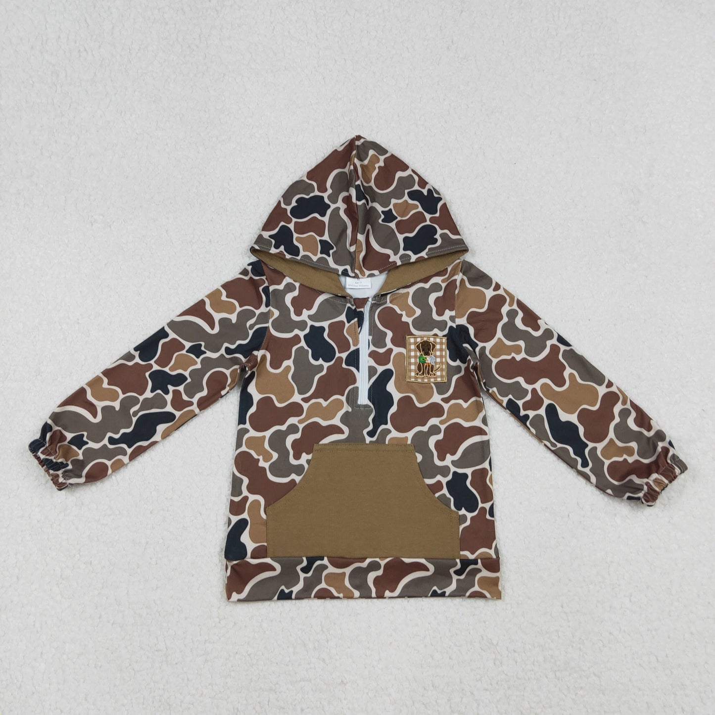 RTS NO MOQ(In Stock) BT1300 Embroidery Duck Puppy Camo Brown Pocket Zip Hooded Long Sleeve Top