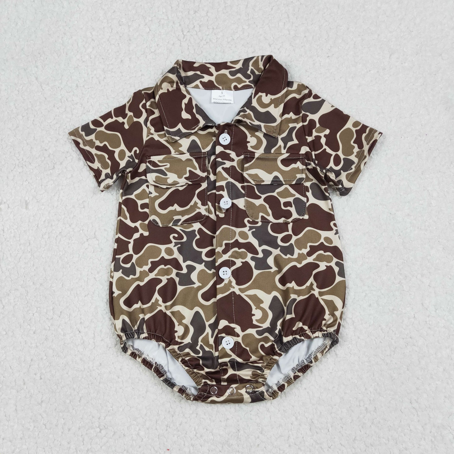 RTS NO MOQ(In Stock) SR3659 Brownish-green camouflage pocket button collar short-sleeved bodysuit