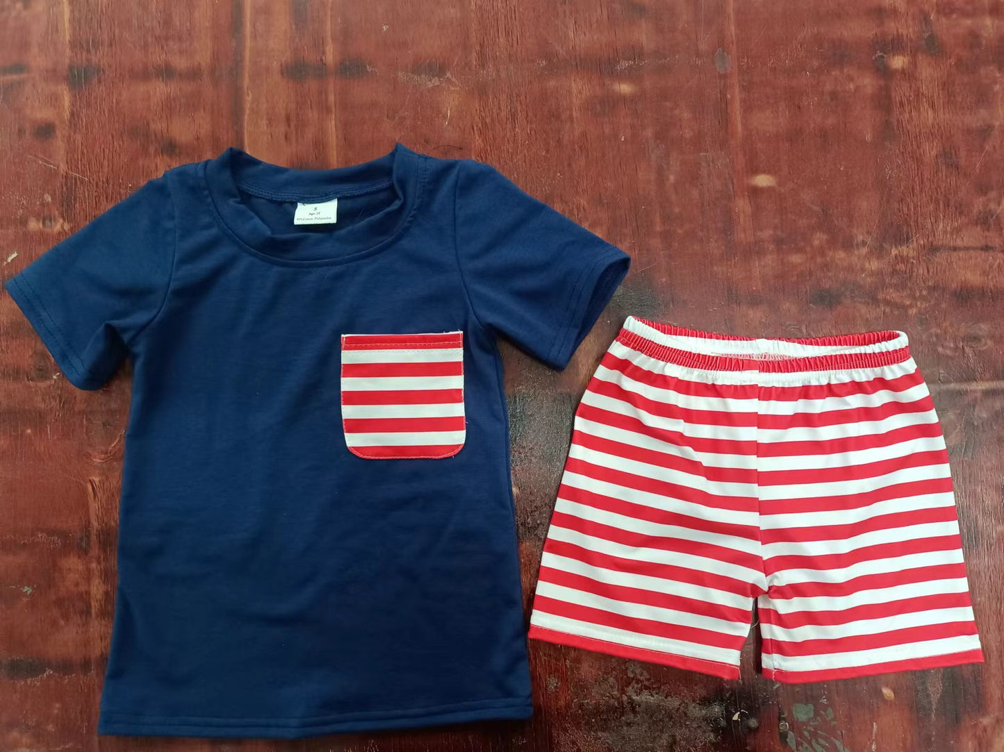 summer boys navy blue top red striped shorts boys sets