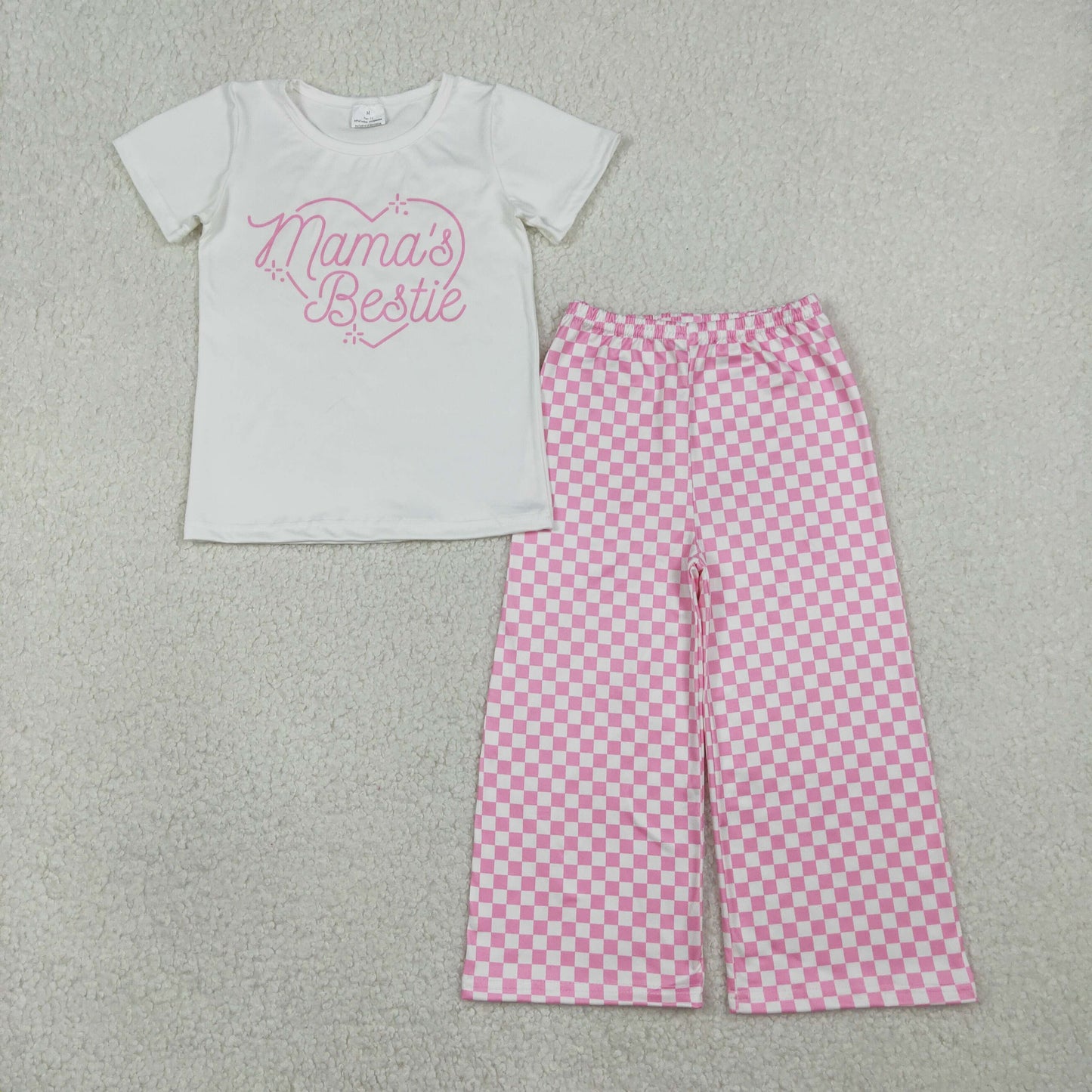 RTS NO MOQ(In Stock) GT1565+P1018 Mama's Bestie Letter White Short-Sleeve Top Pink Plaid Pants set
