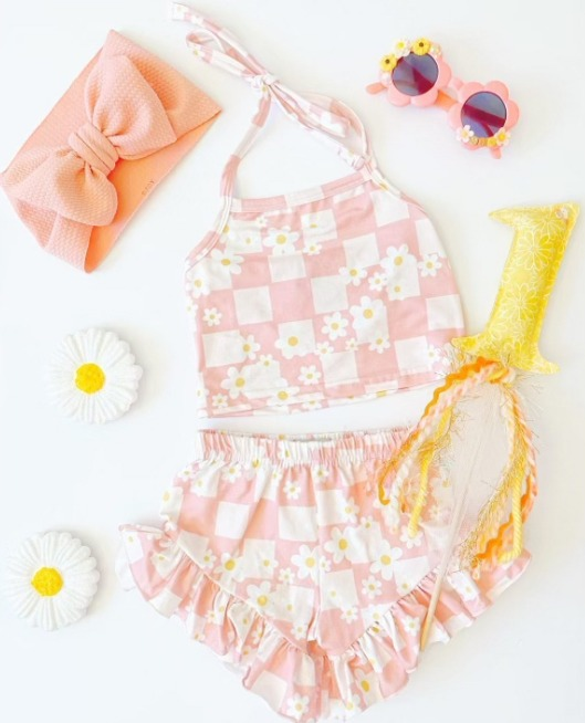 GSSO0526 Floral Pink Plaid Halter Vest Shorts Suit