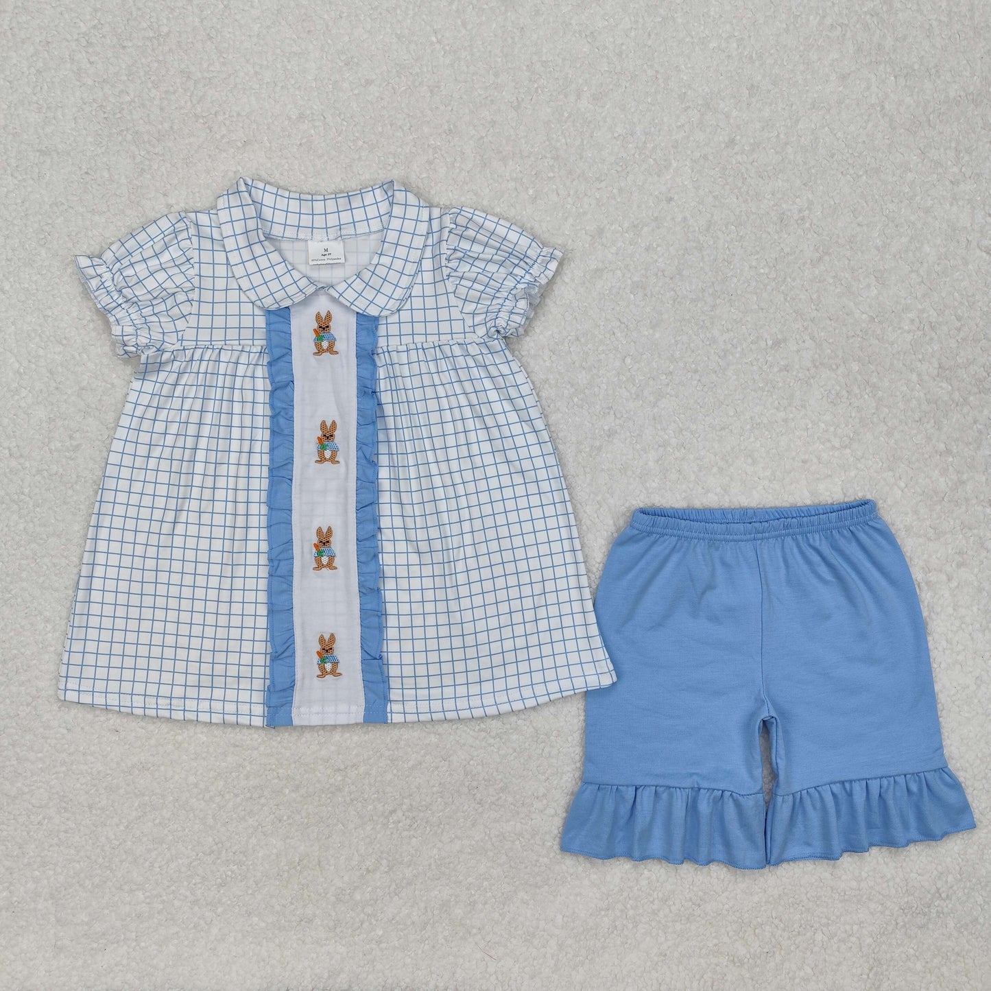RTS NO MOQ(In Stock) GSSO1583 Embroidered Easter Bunny Plaid Doll Collar Short Sleeve Blue Lace Shorts Set