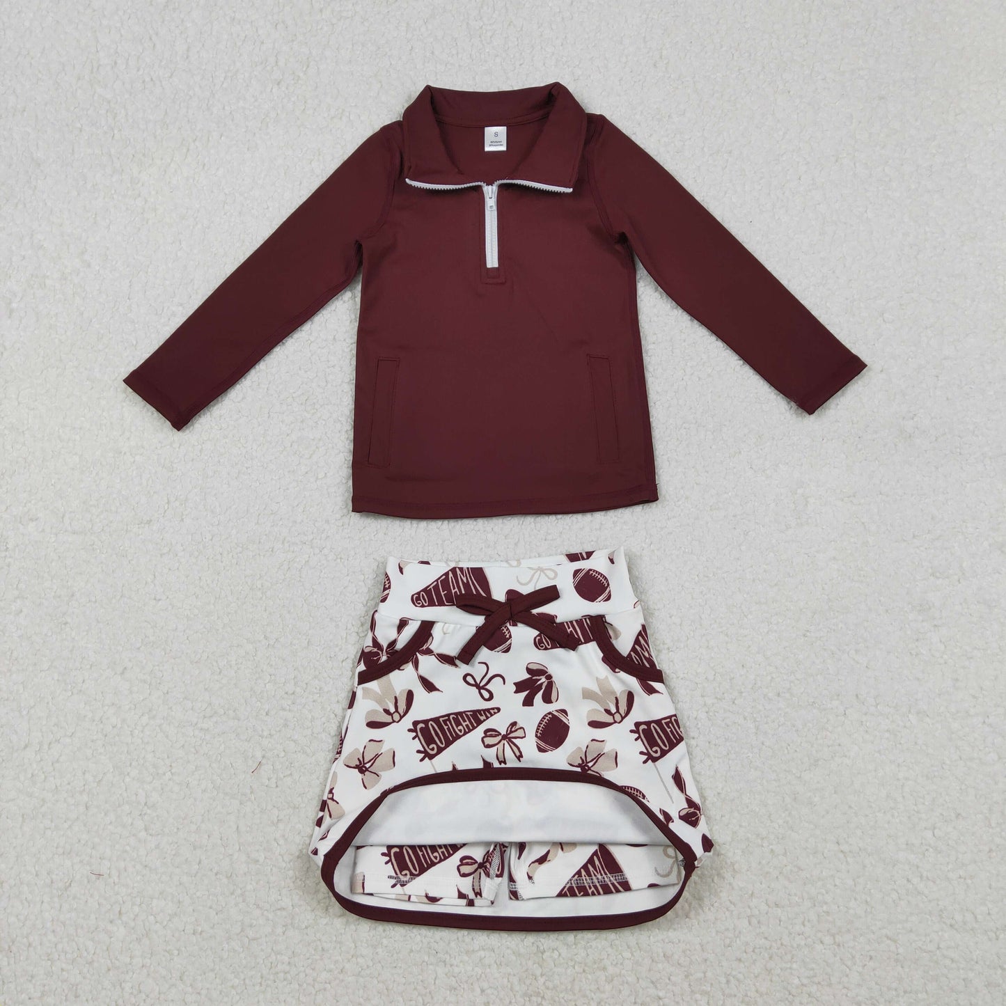 RTS NO MOQ(In Stock) GO TEAM Gold-Red Bow Pattern Trumpet Football Pocket Zipper-Up Long-Sleeve White Skirt Yoga Set