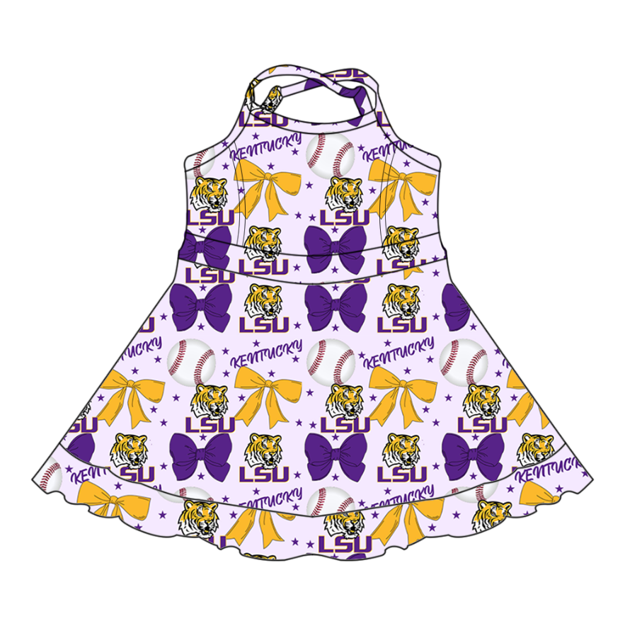 Custom moq 5 mix sizes summer teams baby girls clothes team baseball bow purple short sleeve dress-25.6.13
