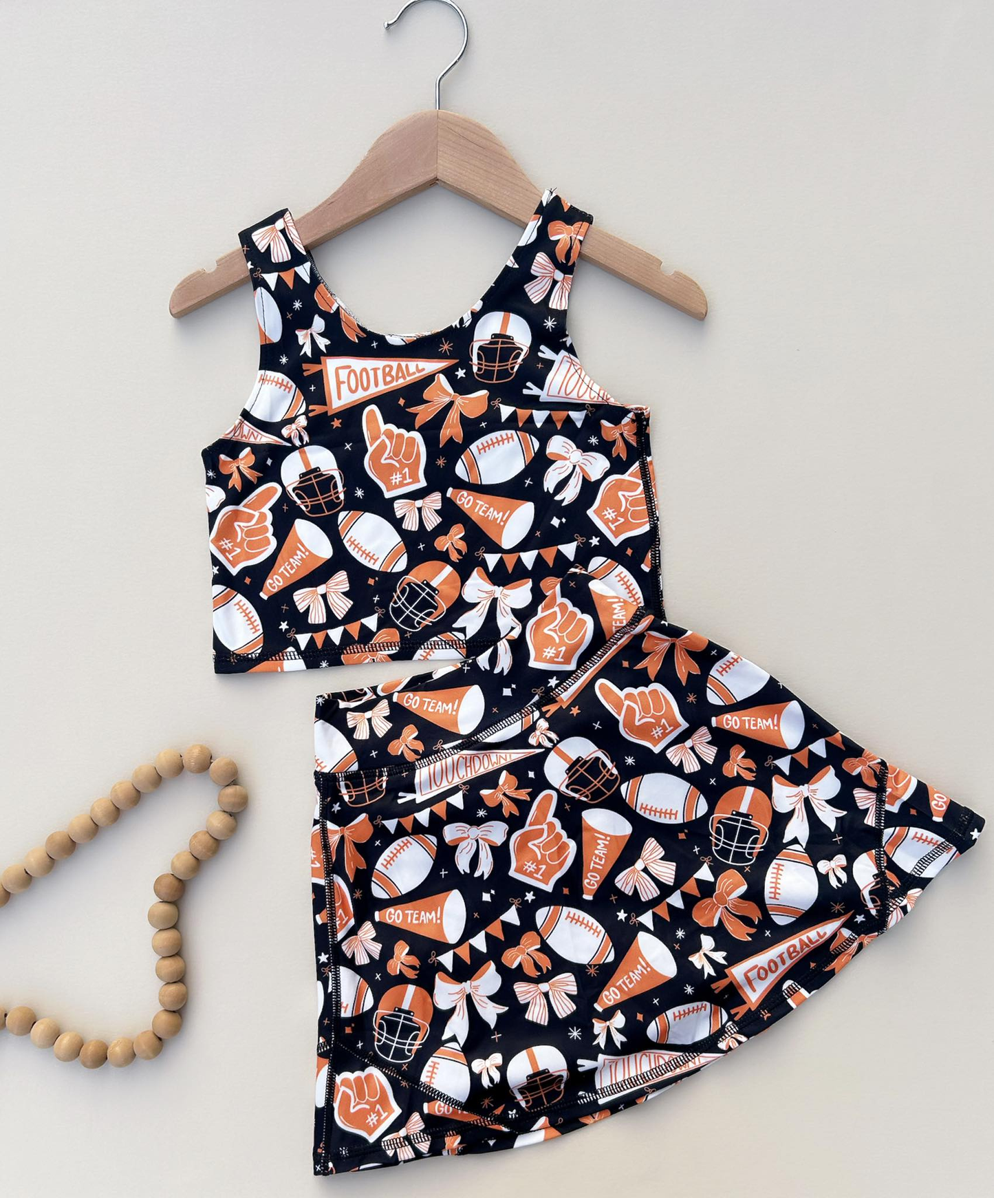 RTS NO MOQ Sibling baby girl clothes football flared orange bow pattern sleeveless skirt yoga set