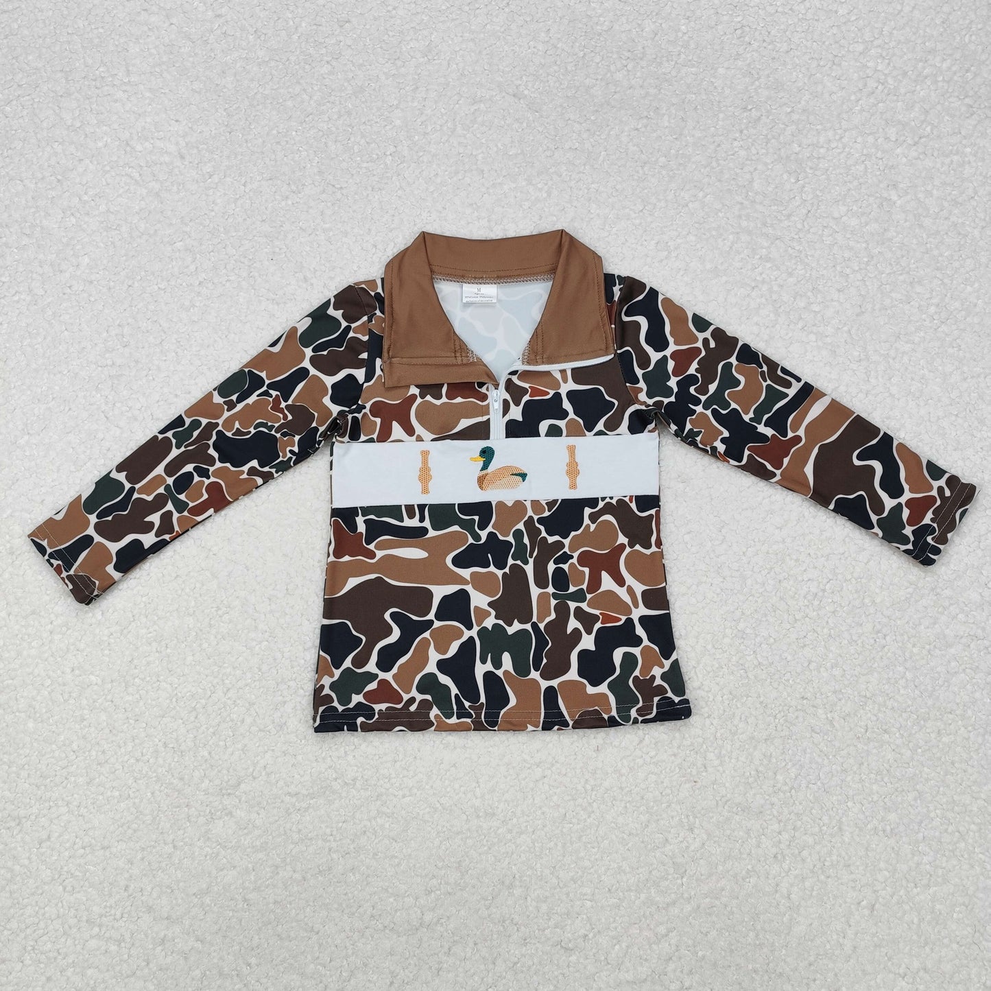 RTS NO MOQ(In Stock) BT0903 Embroidery Bottle Duck Camouflage Beige Zipper Long Sleeve Top