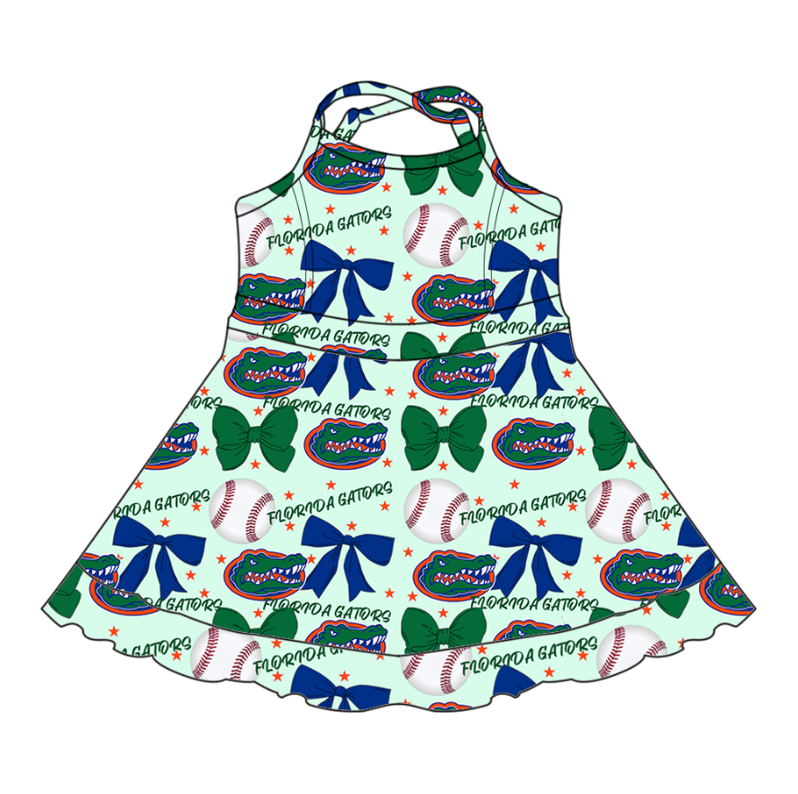 Custom moq 5 mix sizes summer teams baby girls clothes team baseball bow green short sleeve dress-25.6.13