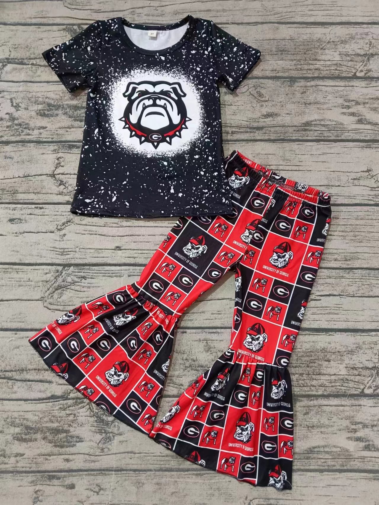 Custom moq 3 eta 6-7weeks Pug + Letter G Pattern Black Polka Dot Short Sleeve and Red and Black Plaid Flared Pants Set