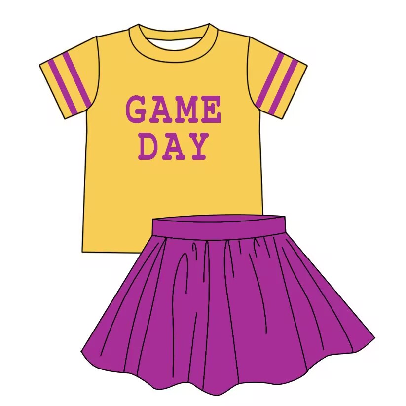 custom moq 5 tat about 4-6 weeks baby girls clothes GAME DAY yellow and purple short sleeve skirts summer outfits