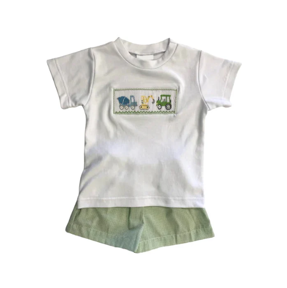 Deadline October 4 custom no moq eta 6-8weeks White short-sleeved shirt & green shorts set with embroidered excavator pattern