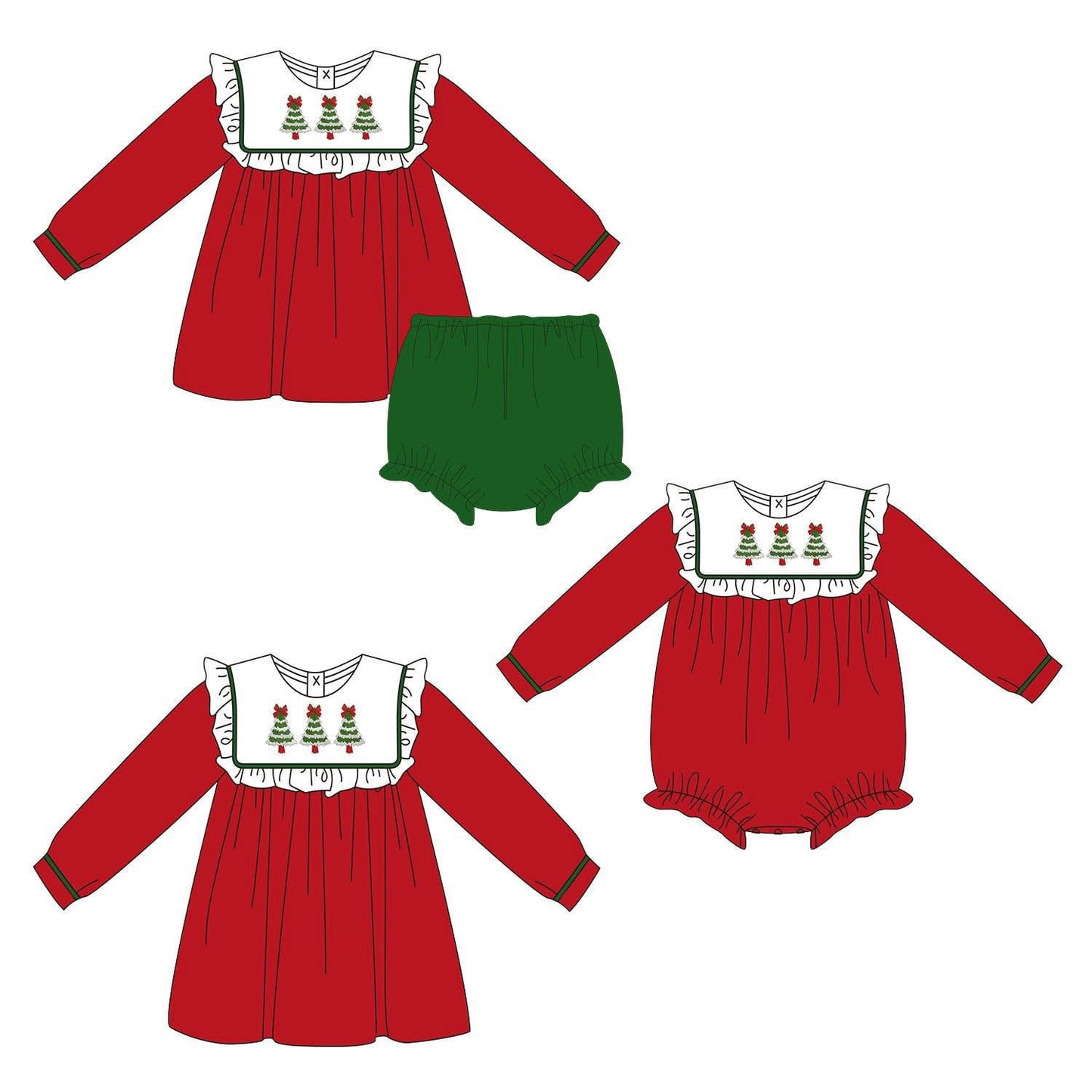 Custom moq 5 each style eta 6-7weeks baby girl clothes Christmas red long sleeve dress and briefs sets and romper