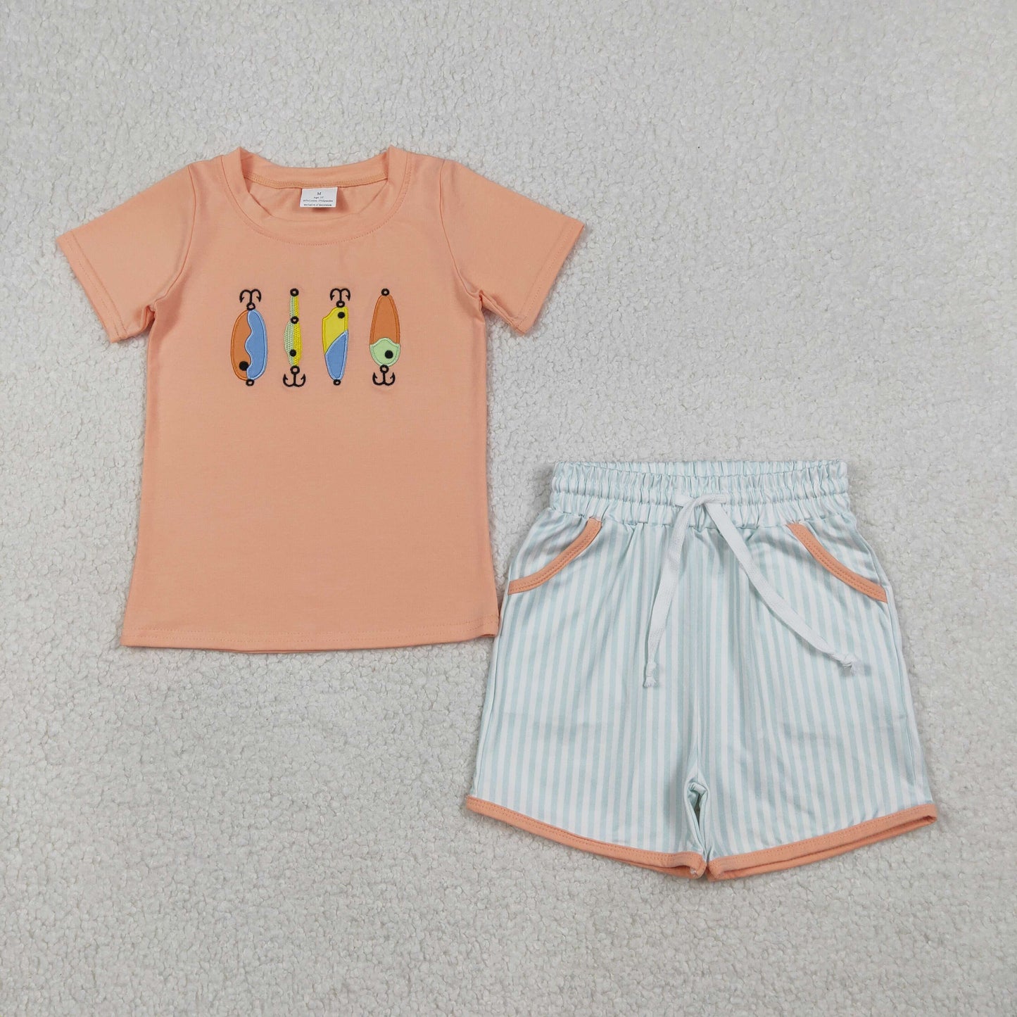 RTS NO MOQ(In Stock) Embroidered Fishing Hook Orange Short-Sleeve Vertical Striped Shorts Set
