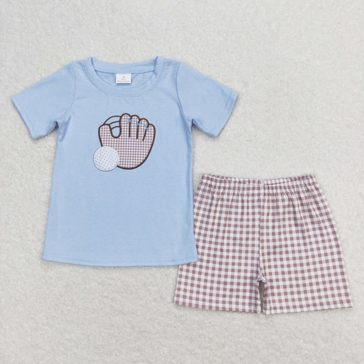 RTS NO MOQ(In Stock) Embroidered Baseball Glove Blue Short Sleeve Plaid Shorts Set