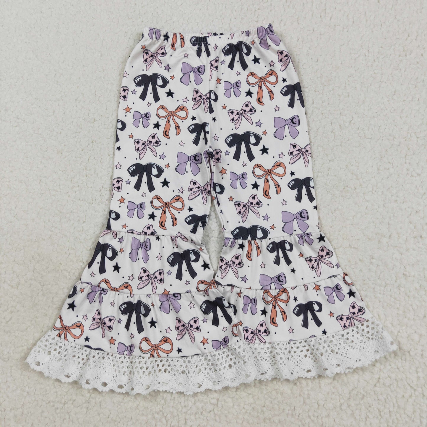 RTS NO MOQ(In Stock) P0783 Halloween Bow Pattern Star Lace Beige Pants