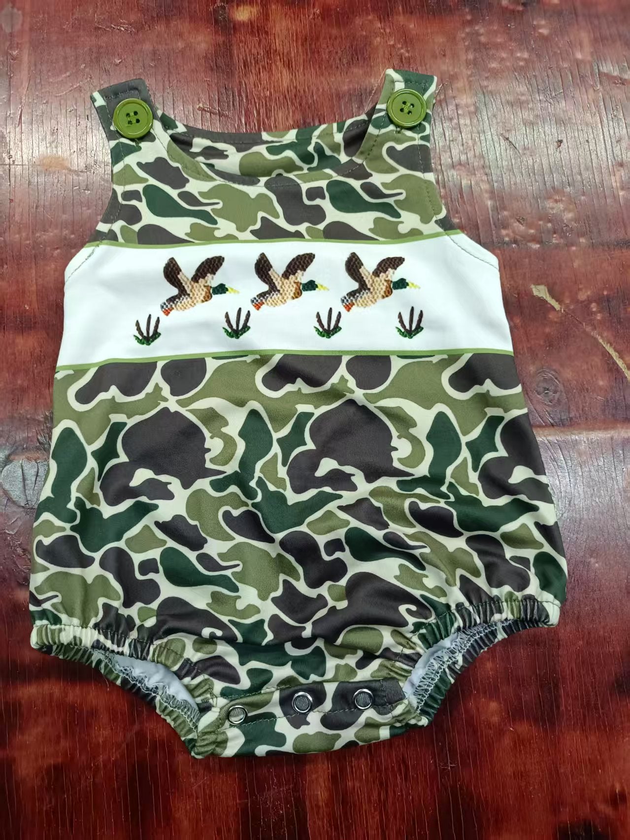 Custom moq 3 eta 6-7weeks baby boys clothes camouflage duck green vest romper-25.4.30
