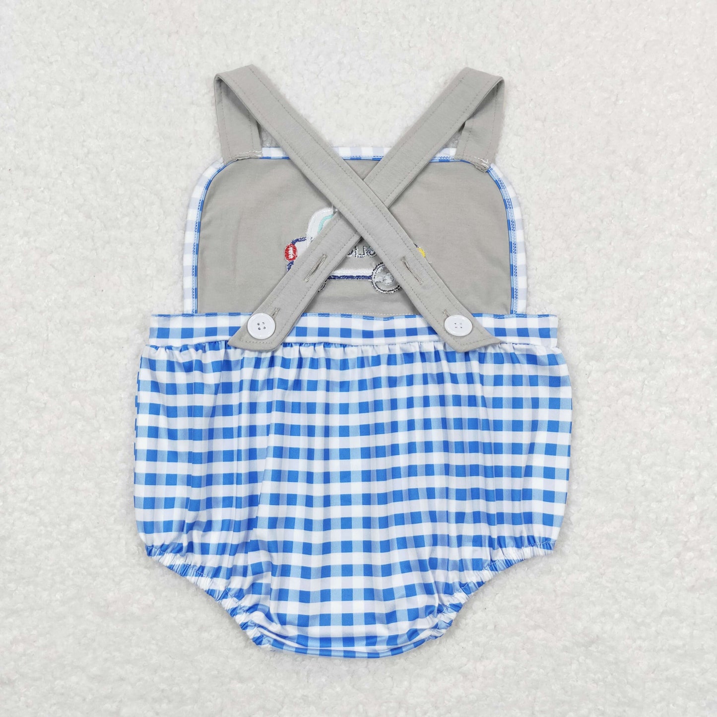 RTS NO MOQ(In Stock) police embroidered police car blue and white plaid gray vest jumpsuit