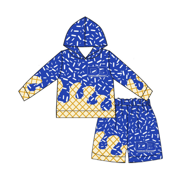 custom moq 5 mix size BAPY0101 Kids Blue Ice Cream Sprinkle Waffle Print Hoodie And Matching Shorts Clothes Set