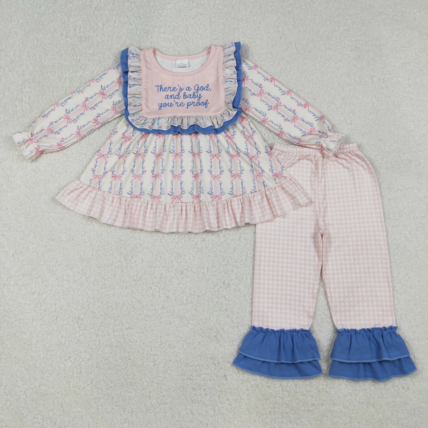 RTS NO MOQ(In Stock) GLP2379 God Baby Proof Beige Plaid Long-Sleeved Pantsuit with Lettering and Bow
