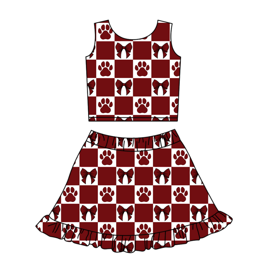Custom moq 3 or 5 mix size milk silk summer teams baby girl clothes bow red sleeveless skirts sets