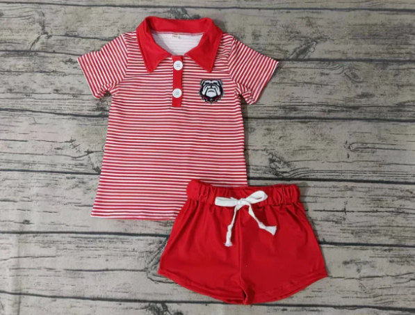 Deadline September 19 custom no moq eta 6-8weeks Red Striped Dog Head Pattern Button Pullover Short Sleeve Shorts Set