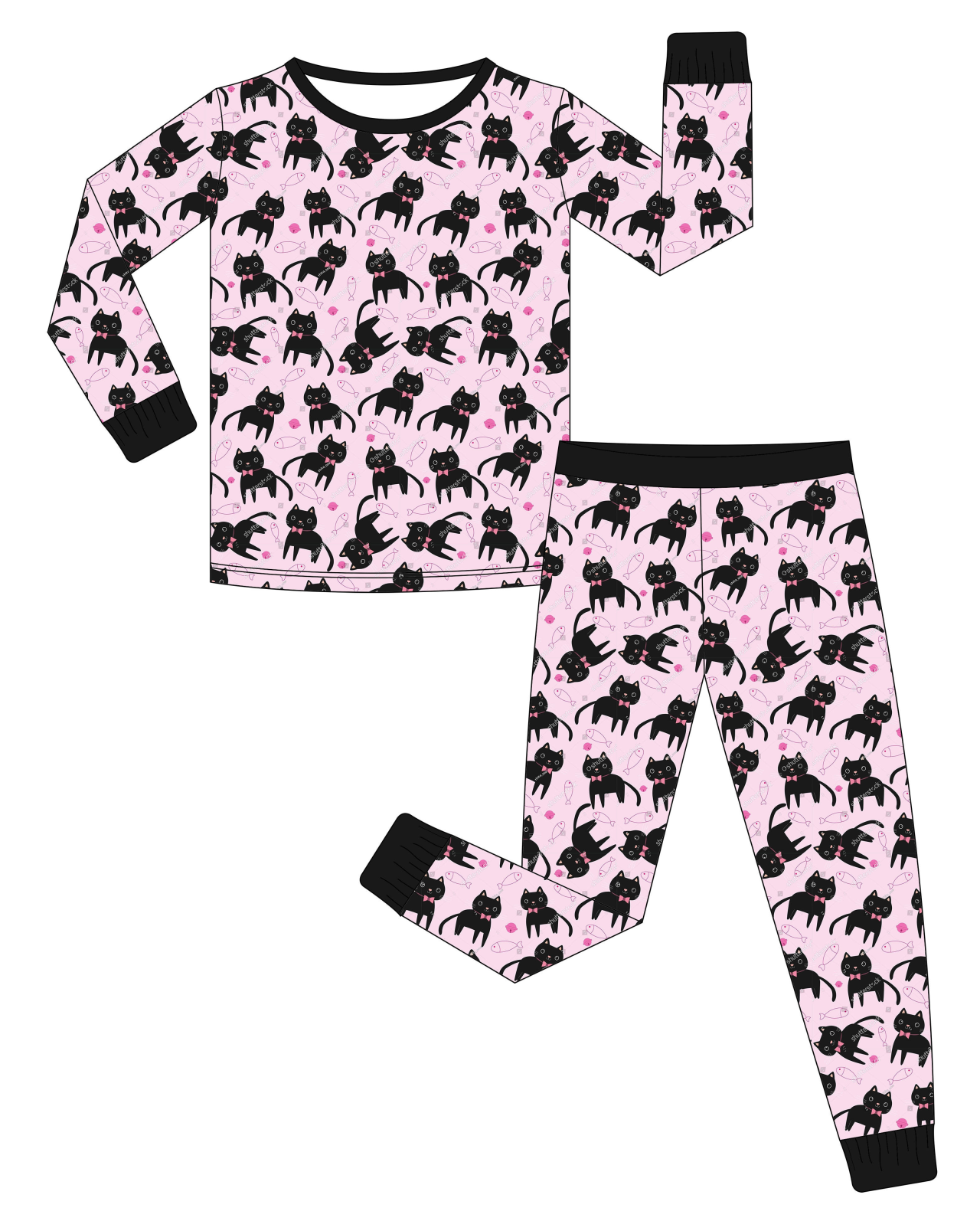 Custom moq 3 eta 6-8weeks Black kitten and fish pink long-sleeved pullover suit