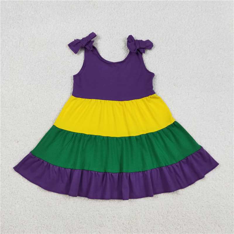 RTS NO MOQ(In Stock ) Mardi Gras Green Yellow Purple Patchwork Bow Dress