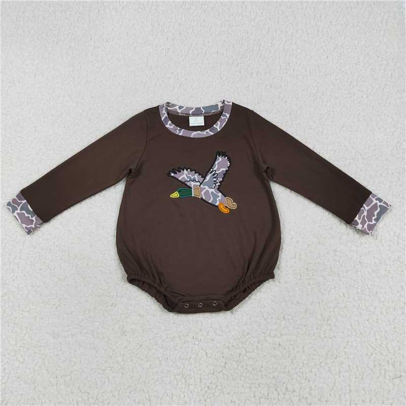 RTS NO MOQ(In Stock) brown long-sleeved bodysuit with embroidered duck