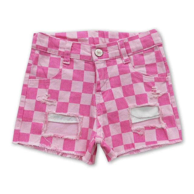 RTS NO MOQ Sibling Baby Girls Blue Checkered Distressed Denim Shorts