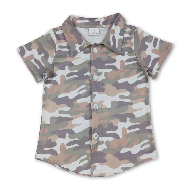 RTS NO MOQ Sibling Baby Boys Short Sleeve Southern Hunting Camo Button Shirts Top