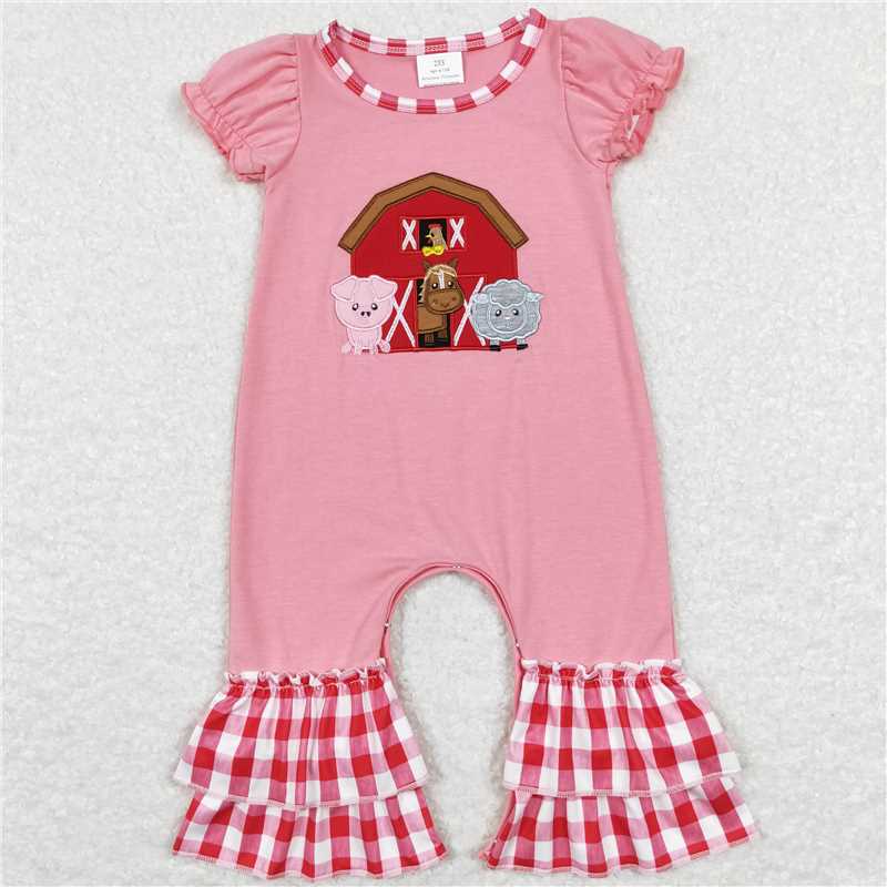 RTS NO MOQ Sibling baby girls clothes Embroidered Animal-House Pattern Bubble Short Sleeve Pants Set & Climbing Suit