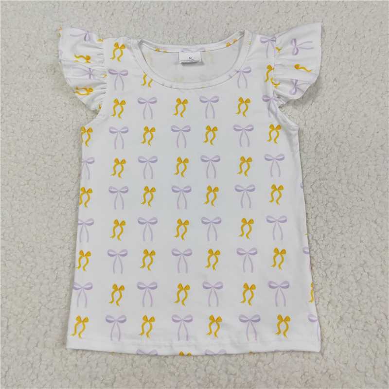 SALES NEW Baby Girls Yellow Purple Bows Tee with Flutter Sleeves Cute Shirt Top for Little Girls
