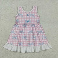 RTS NO MOQ Sibling Baby Girls Blue Checked Bows Sleeveless Ruffle Knee Length Dresses