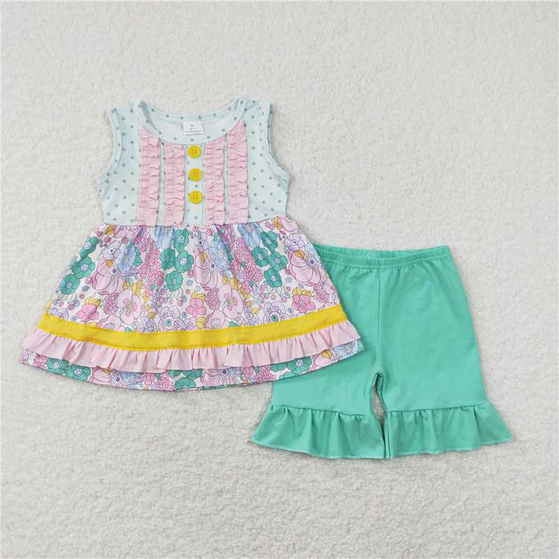 rts stock GSSO0503 Floral polka dot pink lace sleeveless shorts suit