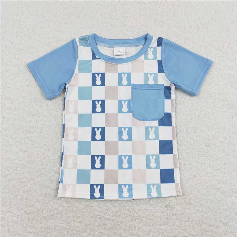 RTS NO MOQ(In Stock) Pocket Bunny Plaid Blue and White Short Sleeve Top