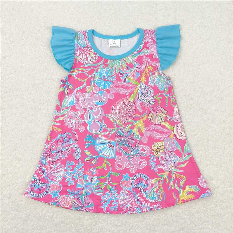 SALES NEW Baby Girls Seaweed Shells with Blue Flutter Sleeves top Girls Clothing Infant Baby Girl's Clothes