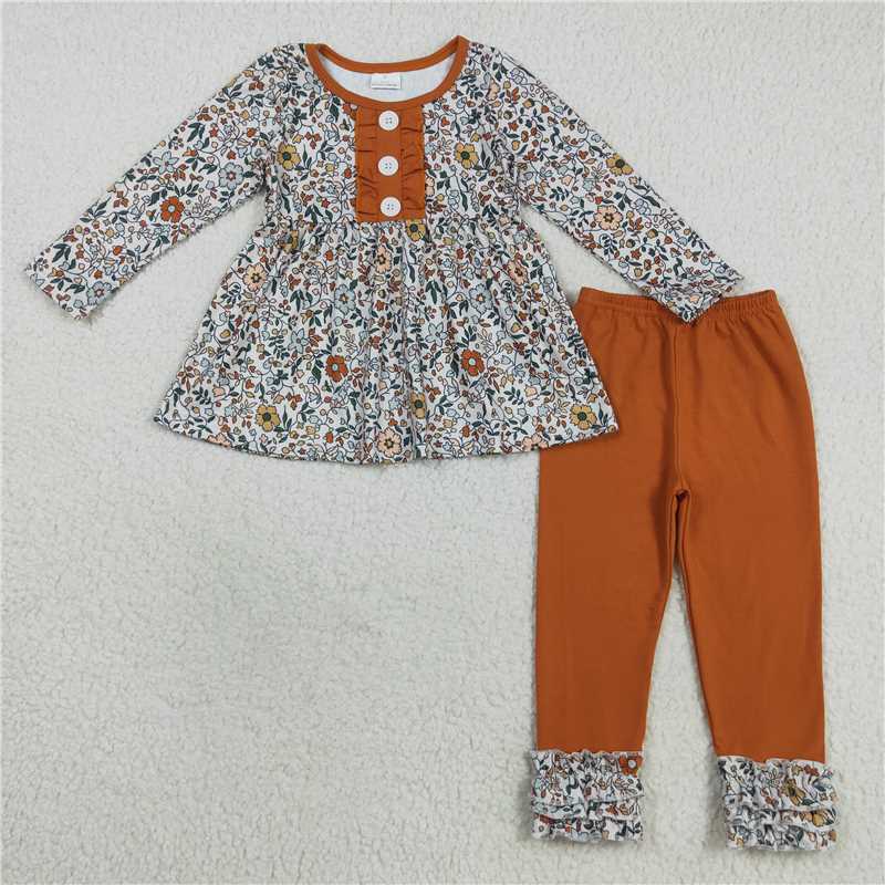 RTS NO MOQ(In Stock) GLP2404 Orange lace long-sleeved trouser suit with flower and leaf buttons