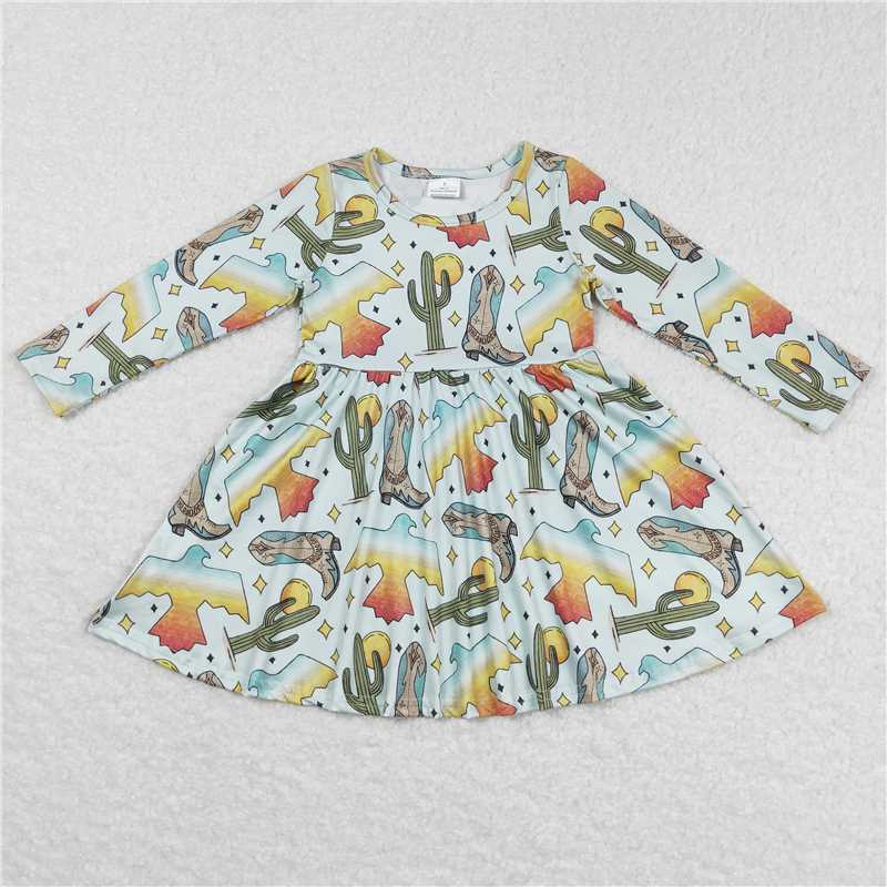SALES NEW Baby Girls Western Birds Cactus Print Knee Length Dresses with Boots for Special Occasions