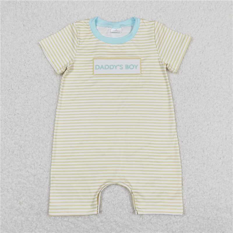 SR0890 BSSO0522 daddy's boy embroidered letters blue short sleeve yellow daddy's boy embroidered letters yellow striped short sleeves