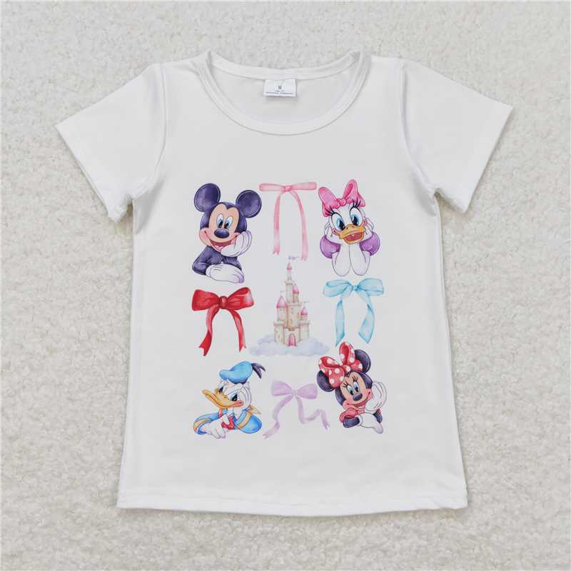 SALES NEW Baby Girls Mouse Duck Bow Print Short Sleeve Shirt Tops Cute And Fashionable Kids' Clothing