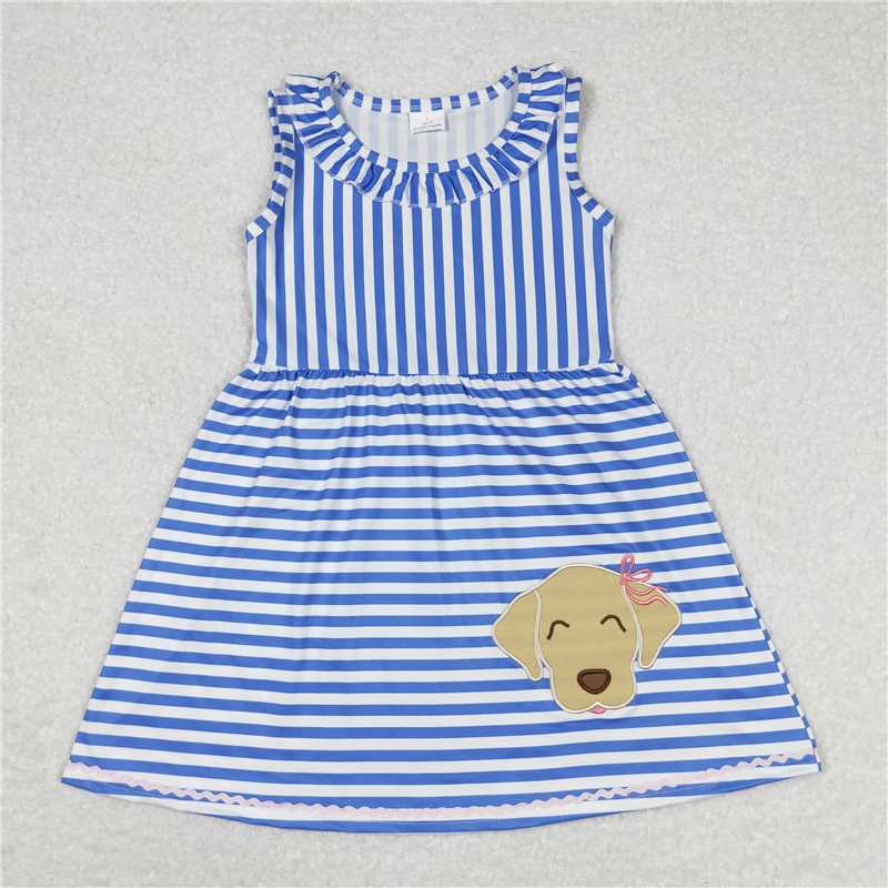 BSSO0746 GSD0934 RTS Embroidered Puppy Blue Striped Short Sleeve Shorts Set