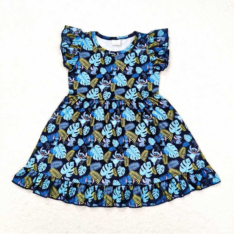 RTS NO MOQ(In Stock) GSD0863 Cartoon Stitch leaves blue button short-sleeved dress