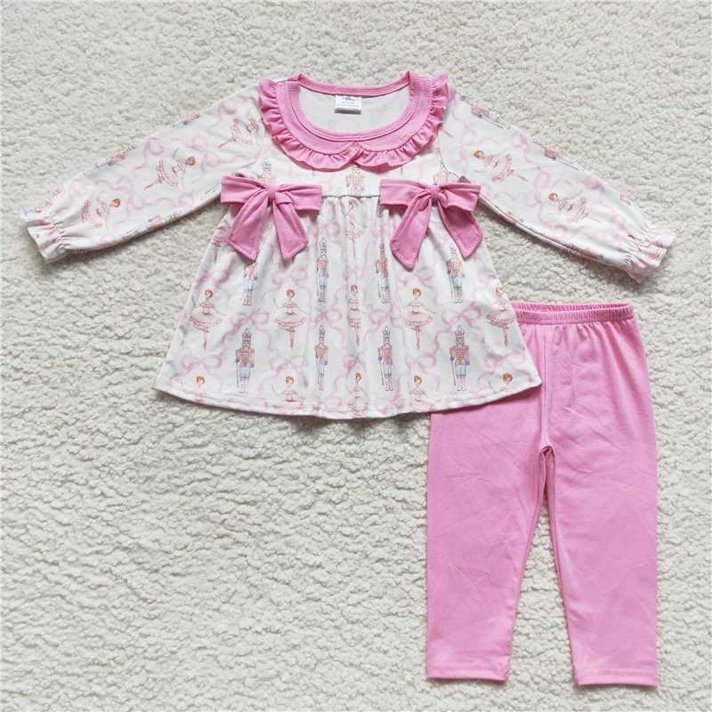 RTS NO MOQ Sibling Girl Print Pink Bow Collar Long Sleeve Pant Clothes Sets Christmas Ruffle Rompers