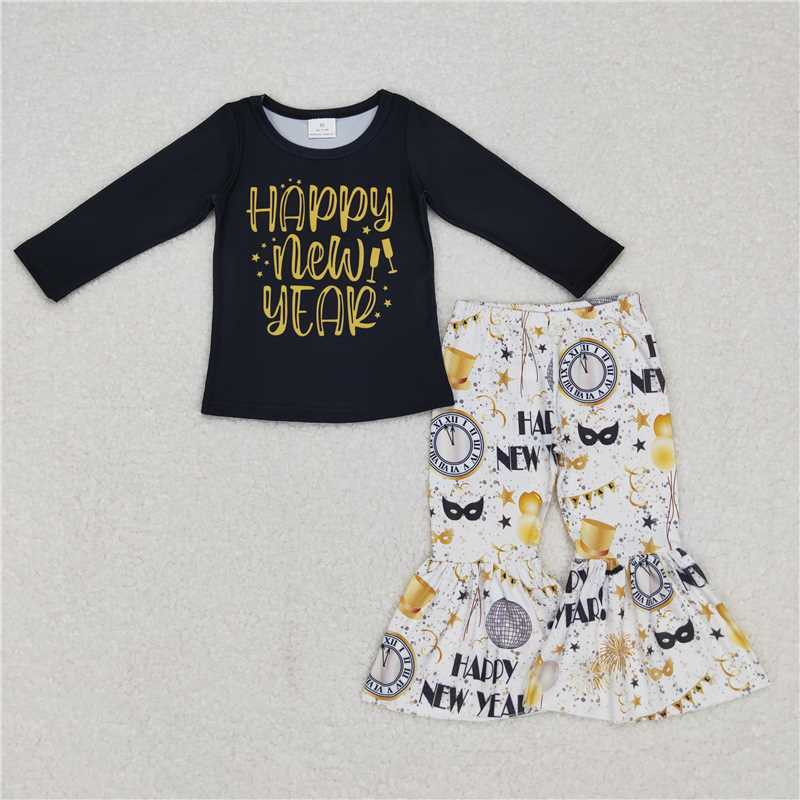 RTS NO MOQ Tan Happy New Year Overalls & Tops & Long Sleeves Set
