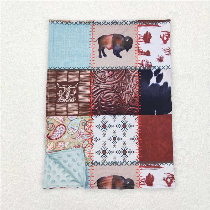 RTS NO MOQ(In Stock ) BL0080 Cow head geometric pattern blue and brown plaid baby blanket