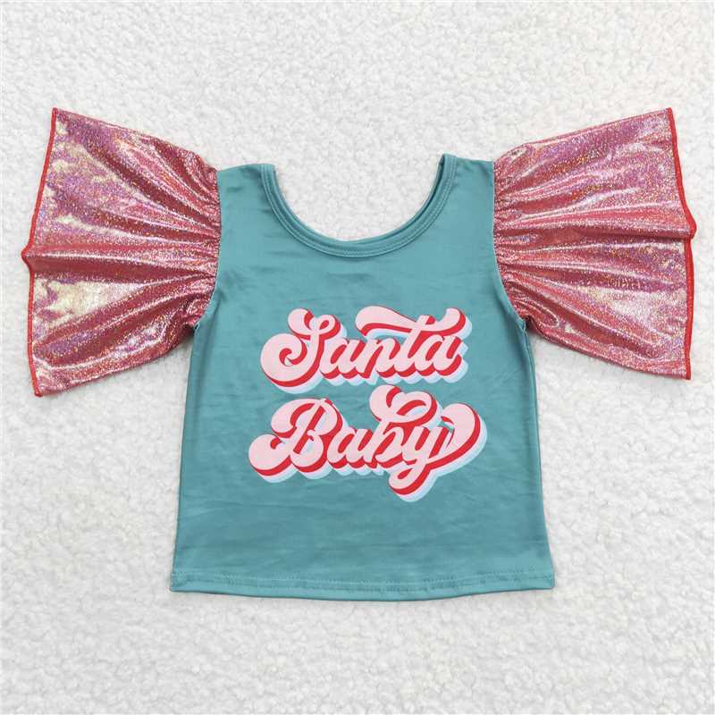 SALES NEW Santa Baby Girls Brick-Red Satin with Gold Foil Print Christmas Shirt Tops with Flutter Sleeves Baby Girl's Holiday Fashion Cute Green Top