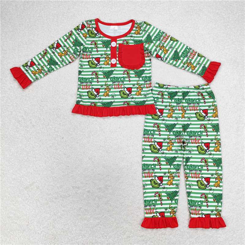 RTS NO MOQ Green striped long sleeve pajamas for boys and girls