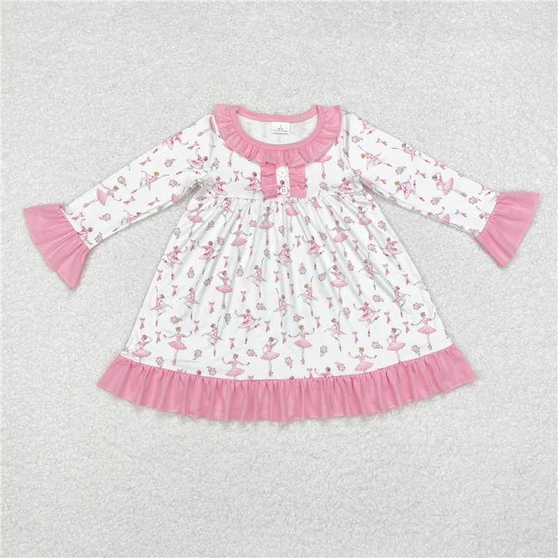 RTS NO MOQ GLP1283 GLD0720 Pink Ballerina Girl Pattern Bow Long Sleeve Suit & Long Sleeve Dress